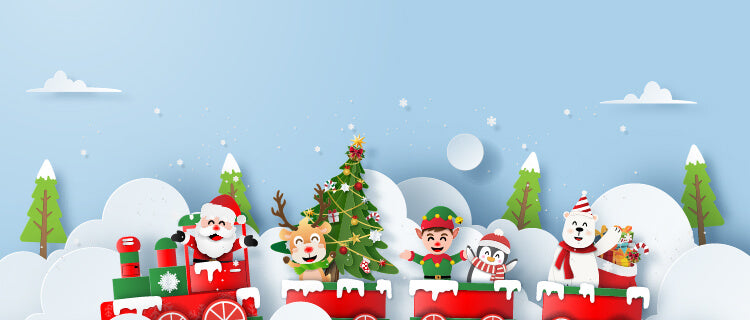 Lok mit Schnee und Weihnachtsmännern