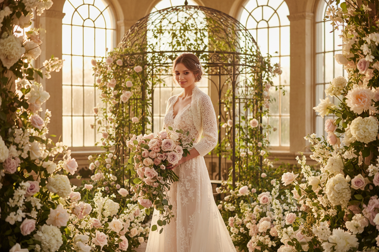 Braut im ivory Kleid mit Kaschmir Bolero von Beemohr – romantische Hochzeit