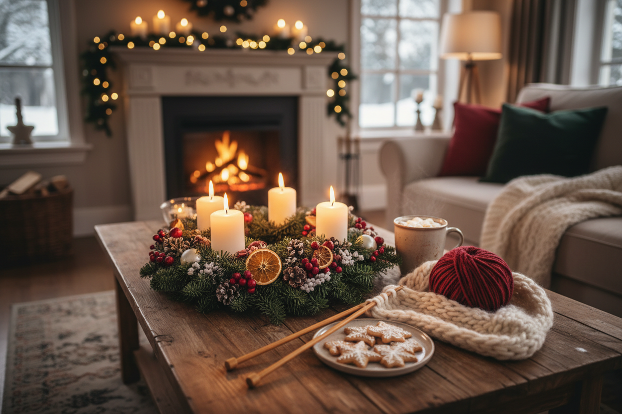 Gemütliche Adventszeit mit Stricken, Adventskranz und Weihnachtskeksen