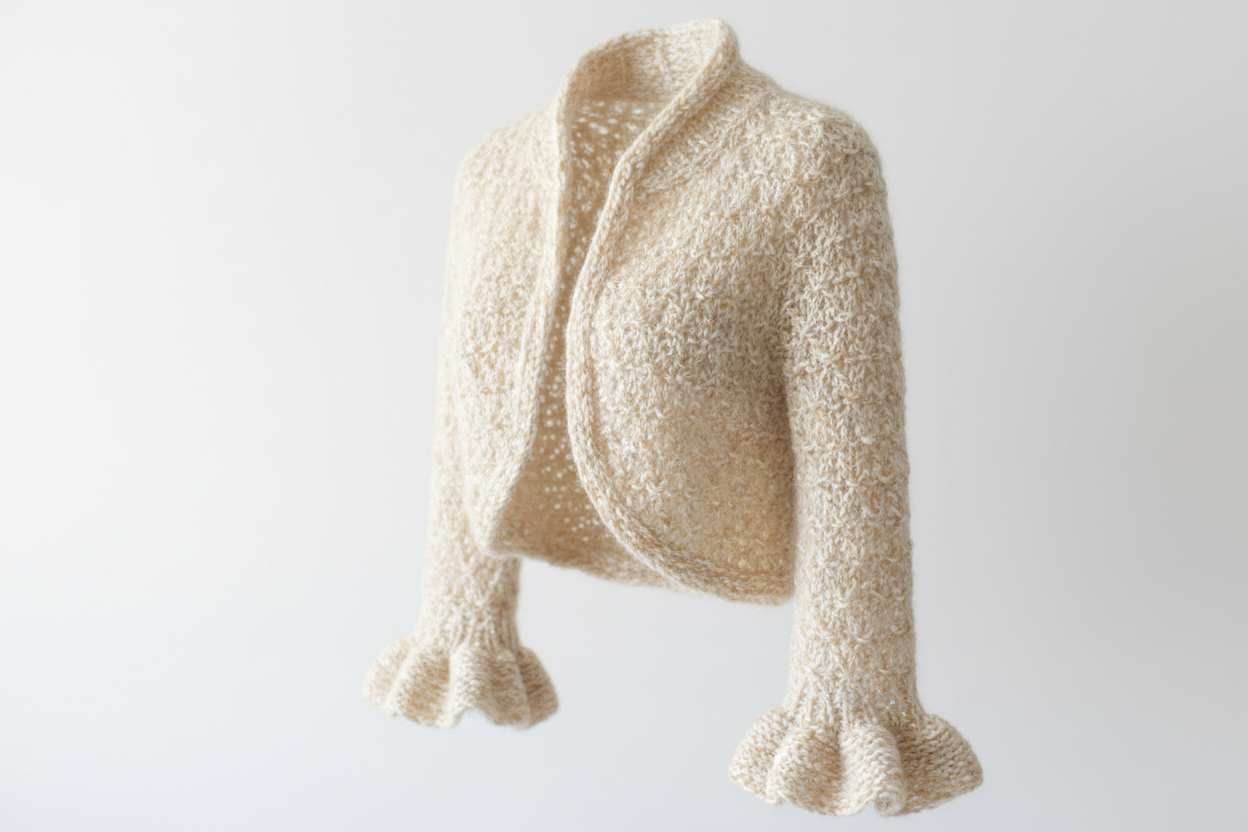 Brautjacke aus Baby Alpaka gestrickt – weich, elegant und hautfreundlich für die Hochzeit