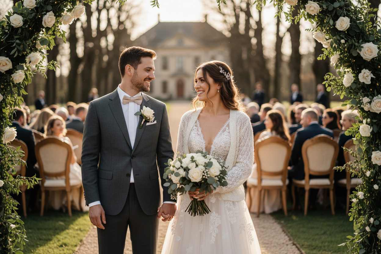 Braut und Bräutigam outside Hochzeit
