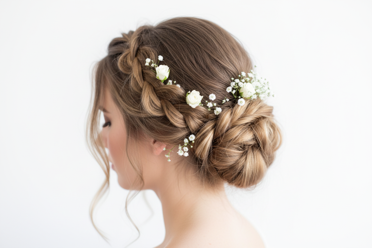 Brautfrisur 2026 – romantischer Boho-Updo mit Flechtungen und Blumen