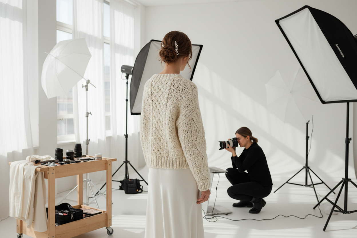Behind-the-Scenes Brautshooting im Studio – handgestrickte Brautpullover und Jacken der Kollektion 2021 von Beemohr