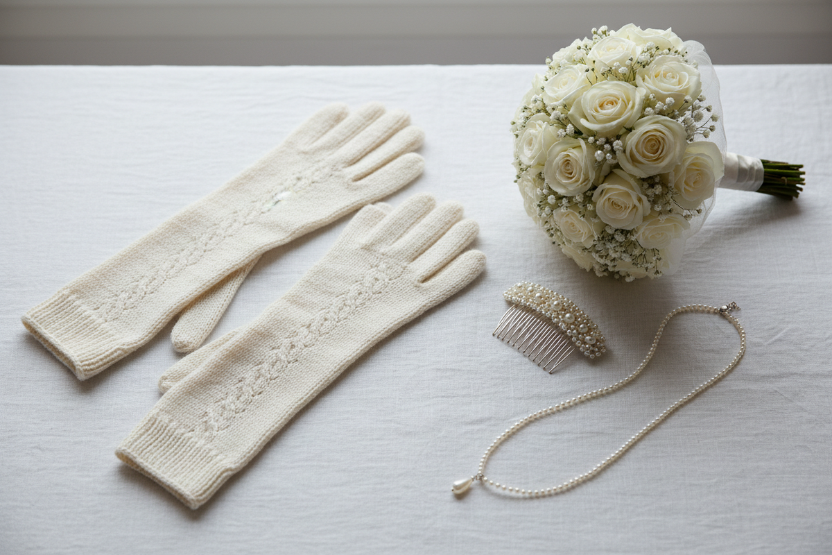 Brautaccessoires: Handschuhe, Brautstrauss und Schmuck