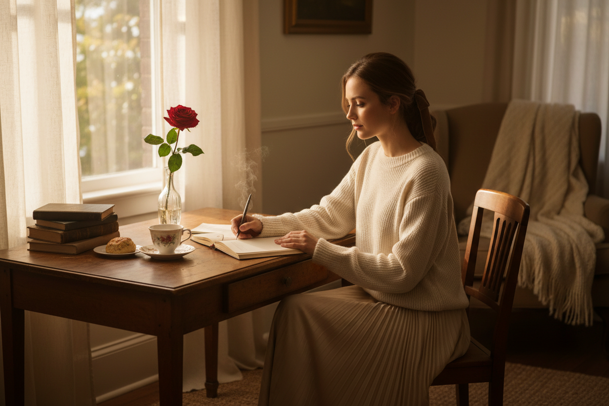 Frau schreibt romantisch in Tagebuch mit Rose und Tee – Tipps zur Partnersuche vor der Hochzeit von Beemohr