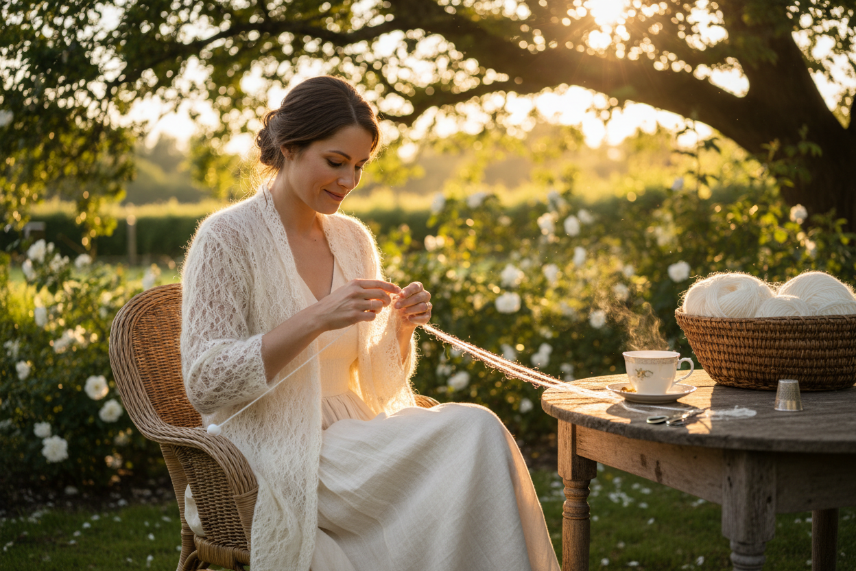 Frau strickt im Garten mit Wolle im Korb und Kaffee