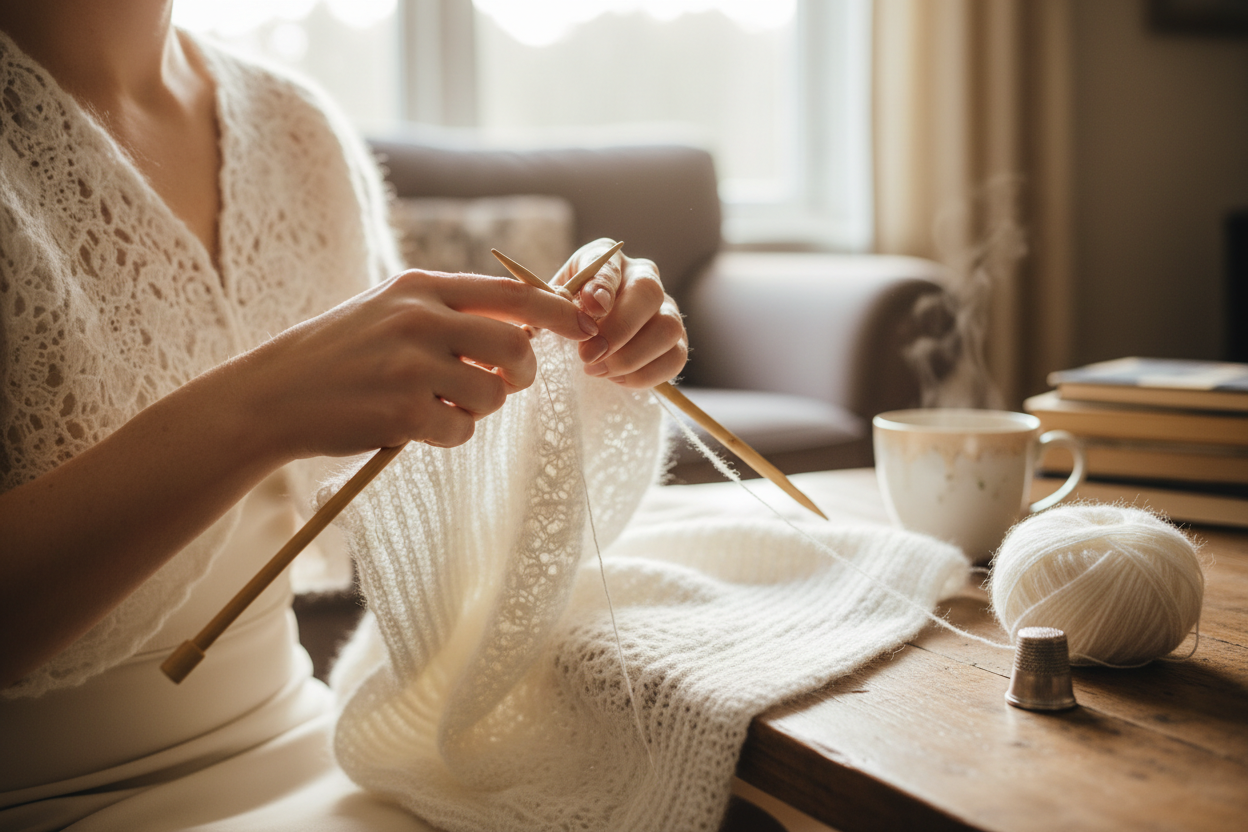 Hände stricken einen Braut Bolero aus Mohair – die Geschichte von Beemohr