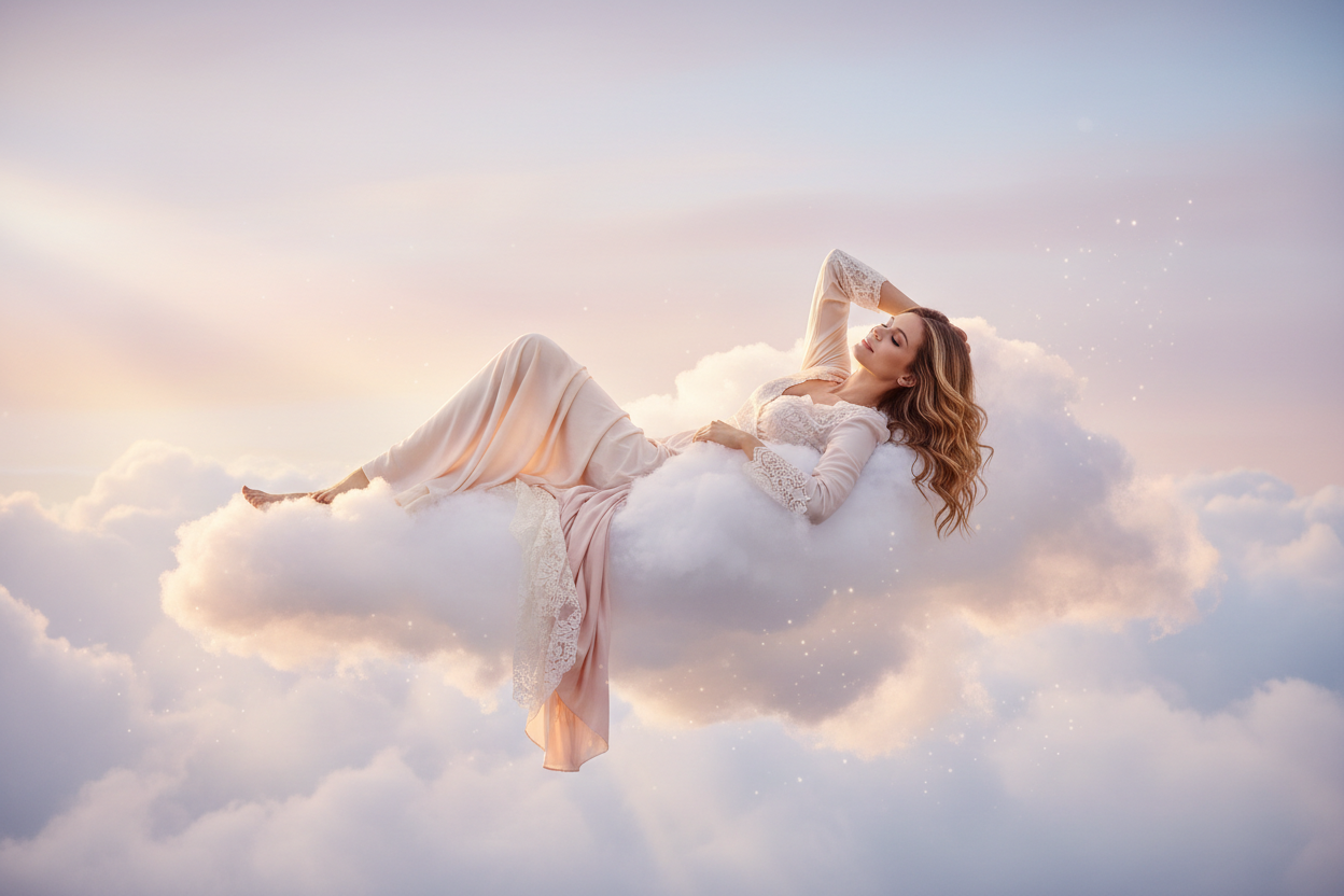 Frau auf Wolke entspannt