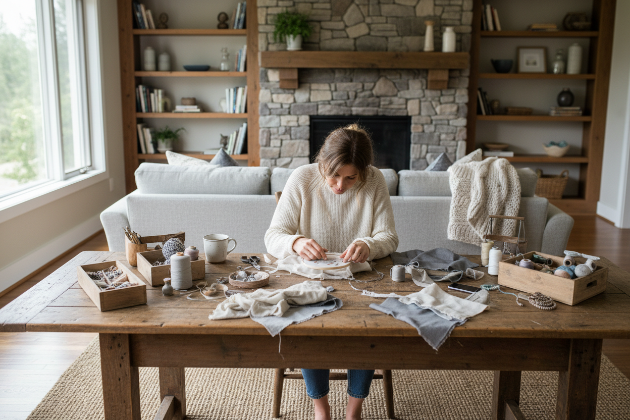 Basteln und kreativ sein zu Hause im Wohnzimmer