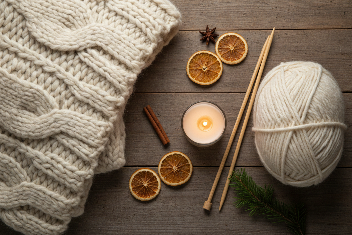 Stricken zu Weihnachten mit Wolle und Kerze