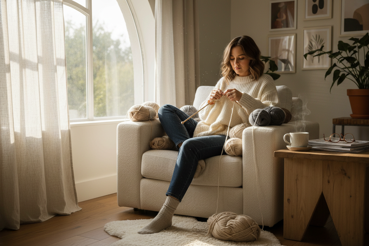 Woman knitting a soft ivory wool sweater in a cozy armchair – slow living and knitting inspiration from Beemohr