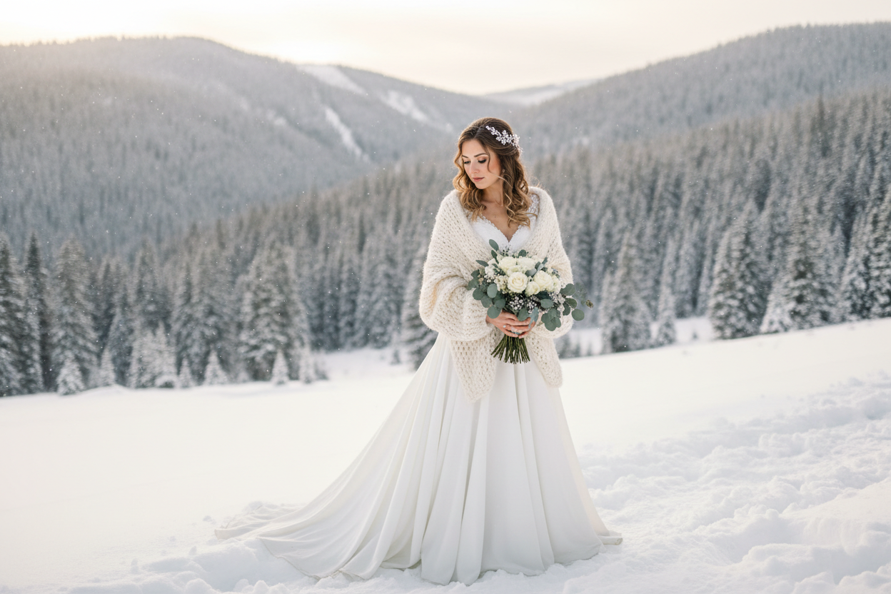 Bride wearing a cozy ivory knit bolero in a snowy mountain landscape – winter wedding bridal knitwear by Beemohr