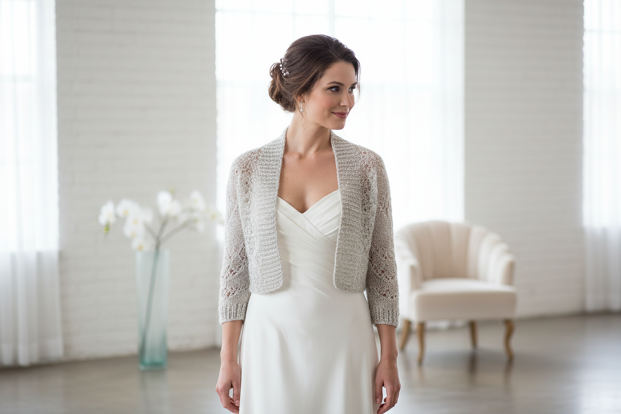 Bride wearing a shimmering silver ivory handknitted bolero jacket – bridal knitwear made in Germany by Beemohr