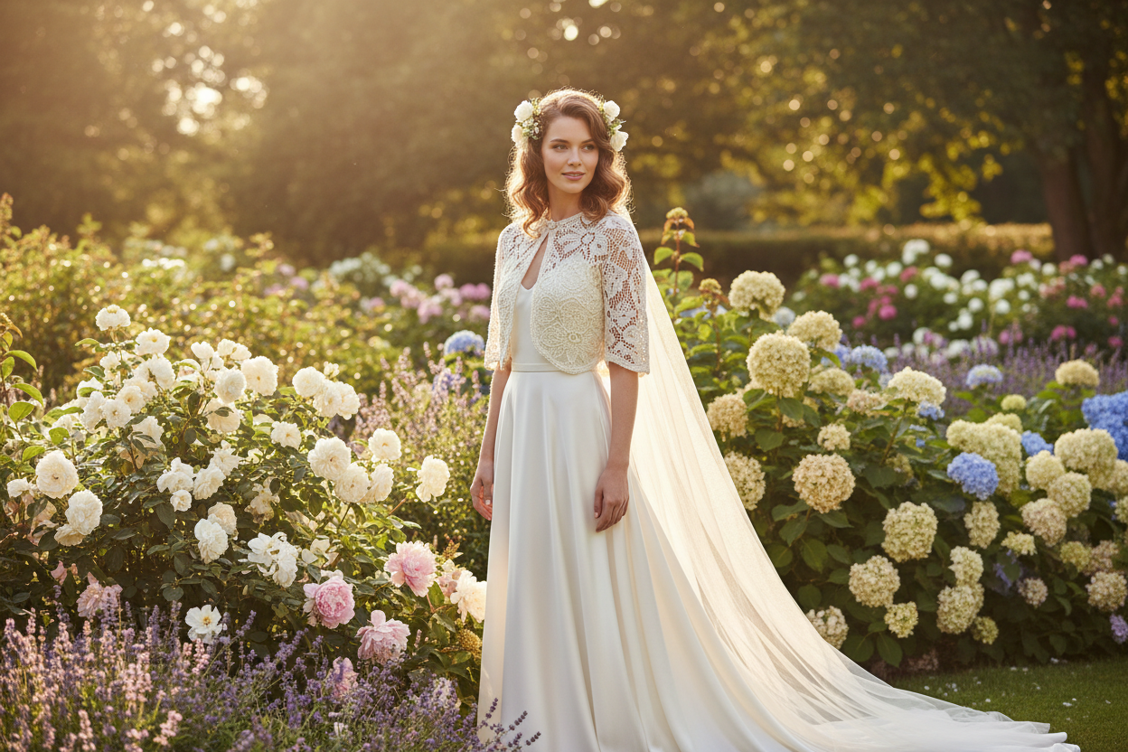 Sommerbraut im leichten Ivory-Lace-Bolero im Blumengarten – handgestrickte Brautjacken und Pullover von Beemohr