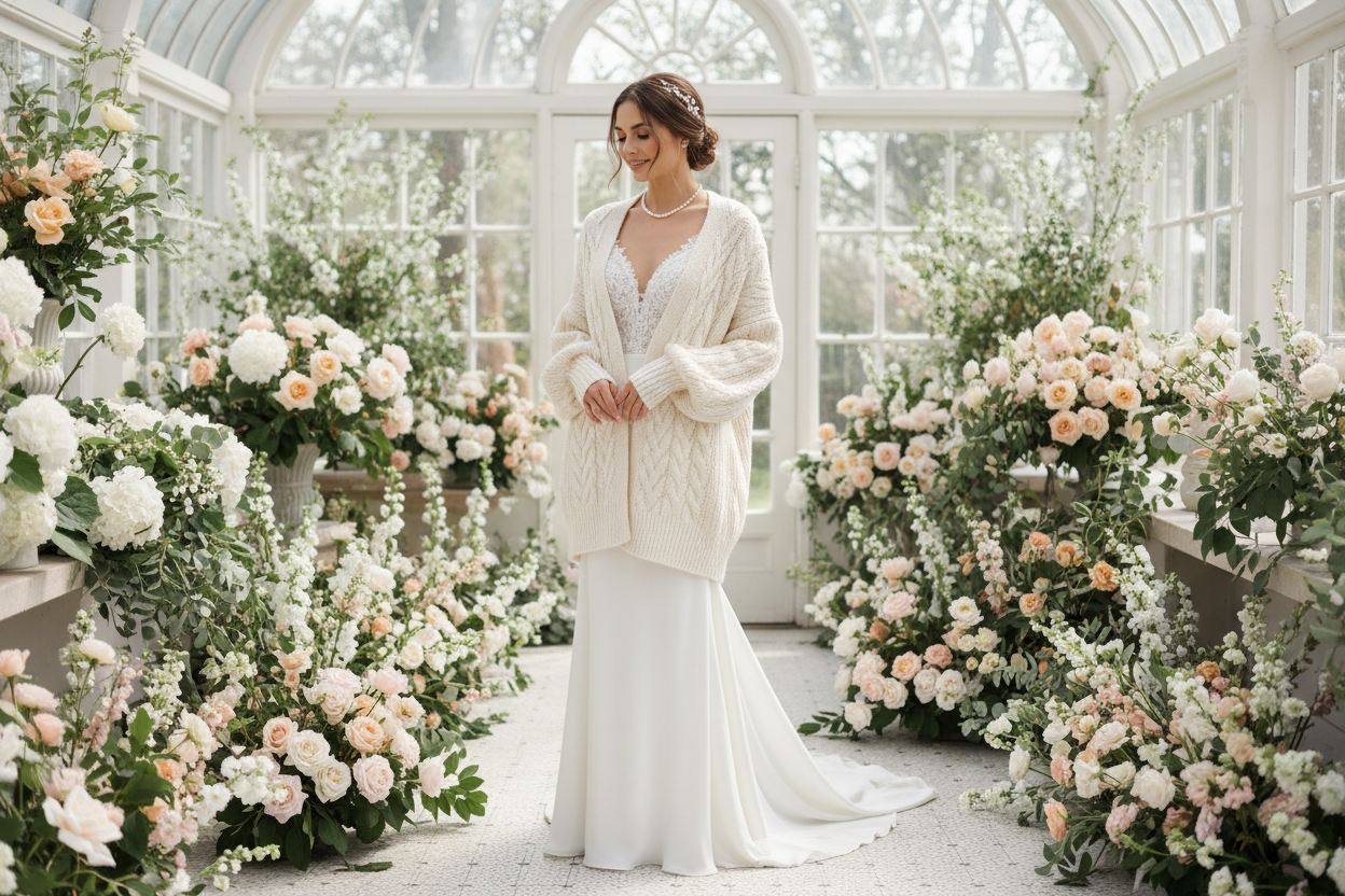 Braut im weichen Ivory-Bolero mit saisonalen Blumen – handgestrickte Brautjacken für jede Jahreszeit von Beemohr