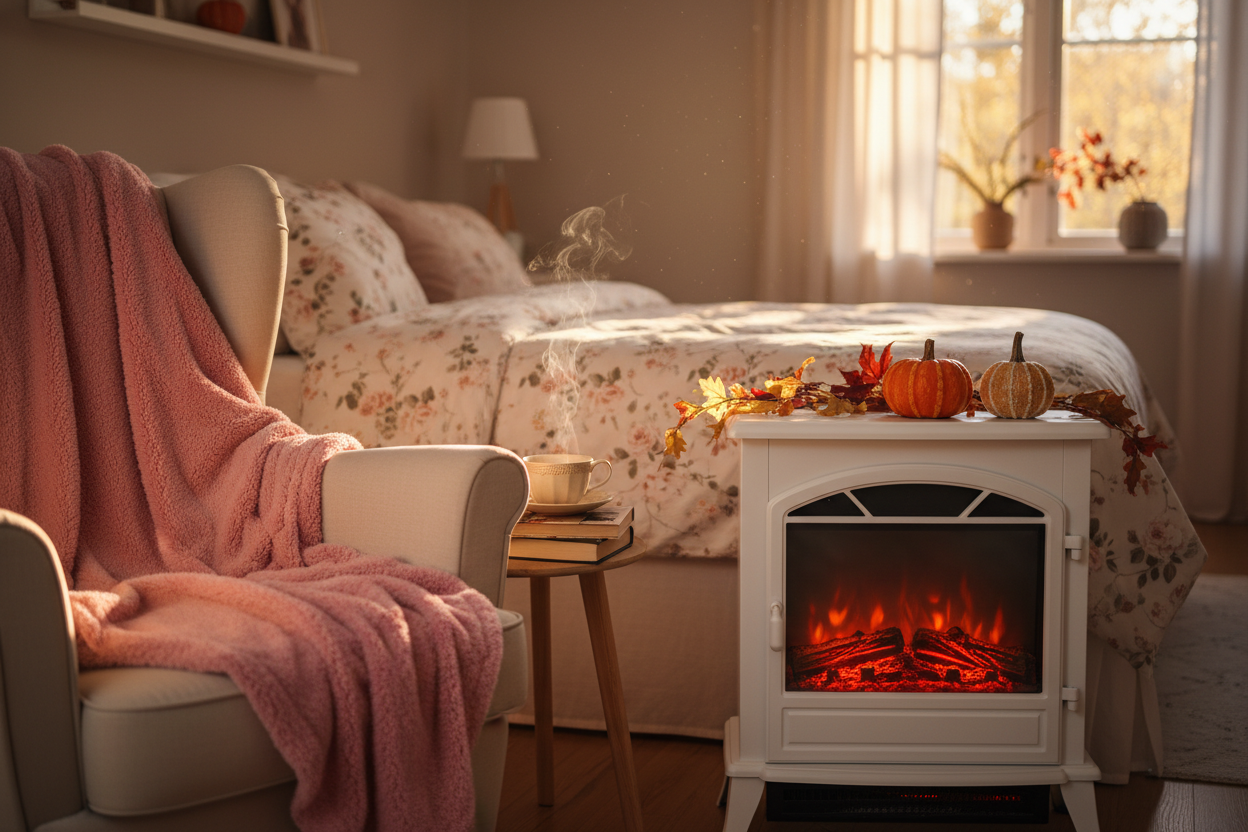 Schlafzimmer mit Kamin und Sessel