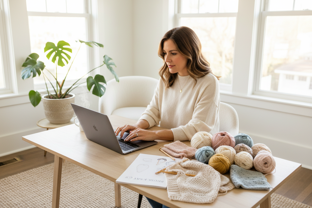 Female entrepreneur working on laptop in a cozy home office with knitting yarn – Beemohr bridal knit shop on Shopify