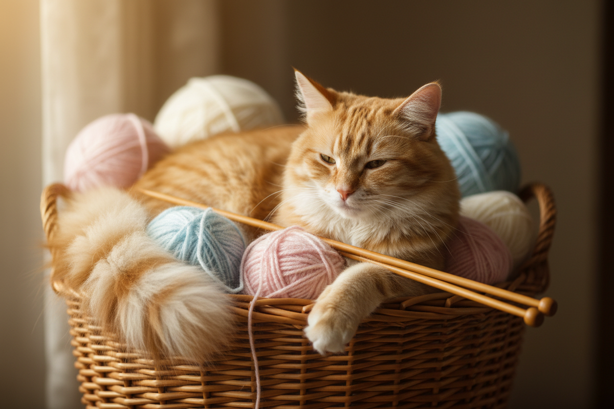 Katze chillt im Wolle Korb