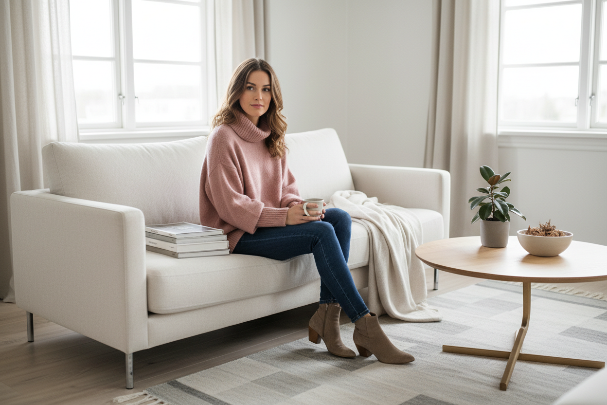 Frau im kuscheligen Oversize-Mohairpullover mit Jeans – LEGER Linie handgestrickte Freizeitpullover von Beemohr