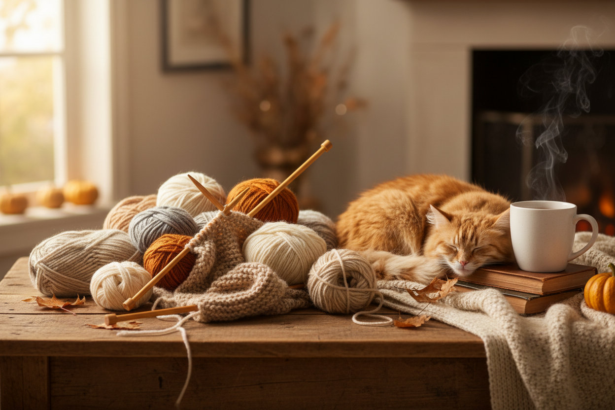 Gemütliche Herbst-Strickszene mit Wolle, Stricknadeln und Katze – Strickboxen und Anleitungen von Beemohr