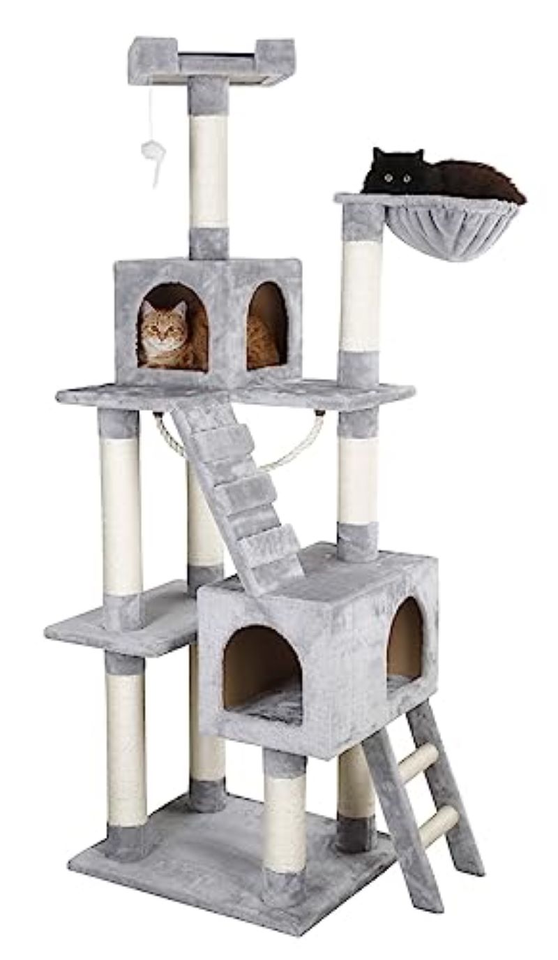 Kratzbaum 178 cm grau – 2 Höhlen & Sisalseil für Katzen