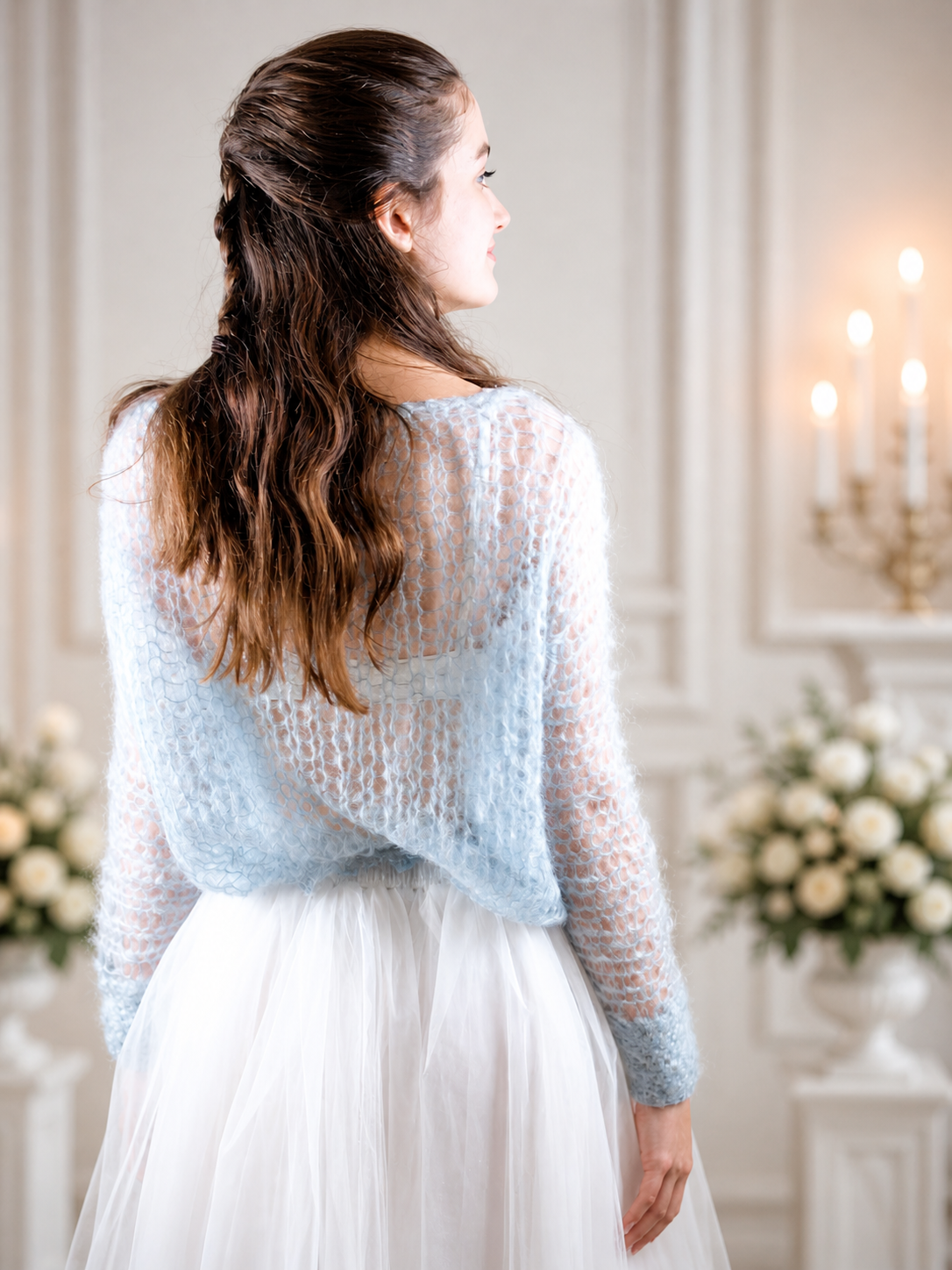 Strickmuster Braut-Pulli hellblau Design, Transparenter Hochzeitspullover aus Mohair, Federleichtes DIY Projekt, Anleitung Katia Wolle, Deutsch