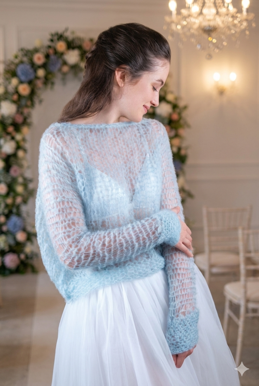 Strickmuster Braut-Pulli Sheer Design, Transparenter Hochzeitspullover aus Mohair, Federleichtes DIY Projekt, Anleitung, englisch, deutsch