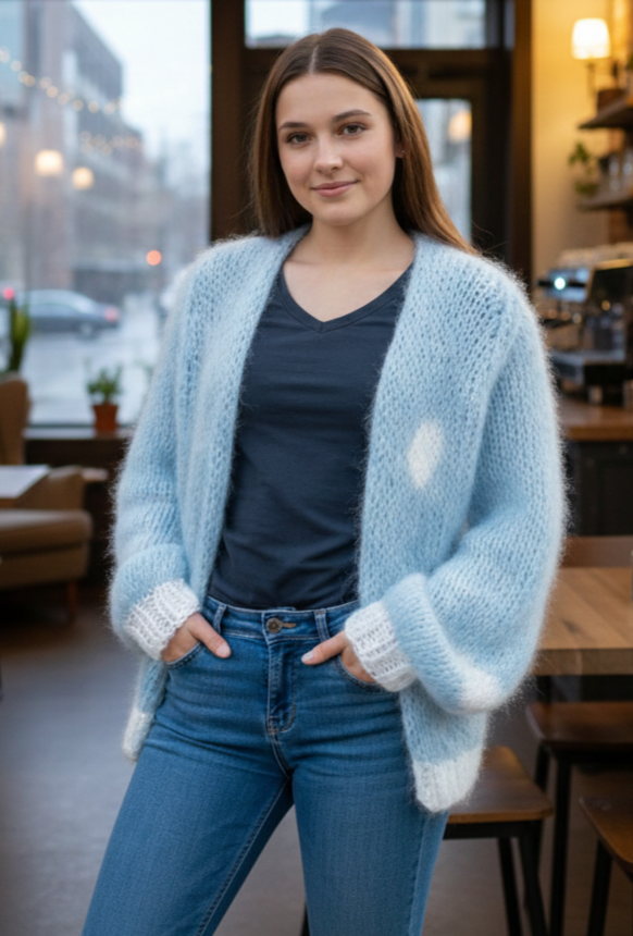 Strickjacke mit Wolken in weiß hellblau