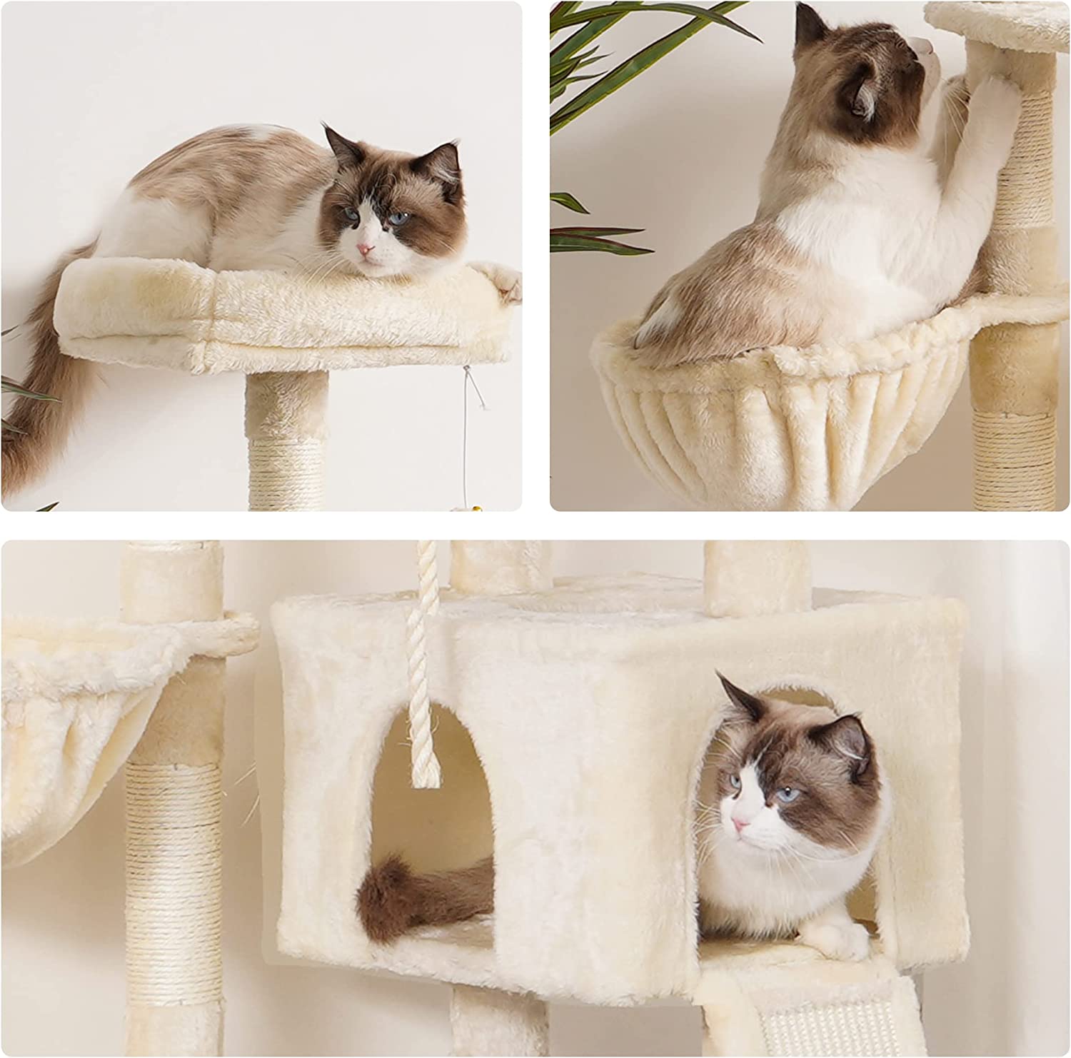 Kratzbaum in beige für Katzen mit Höhle und Sisal