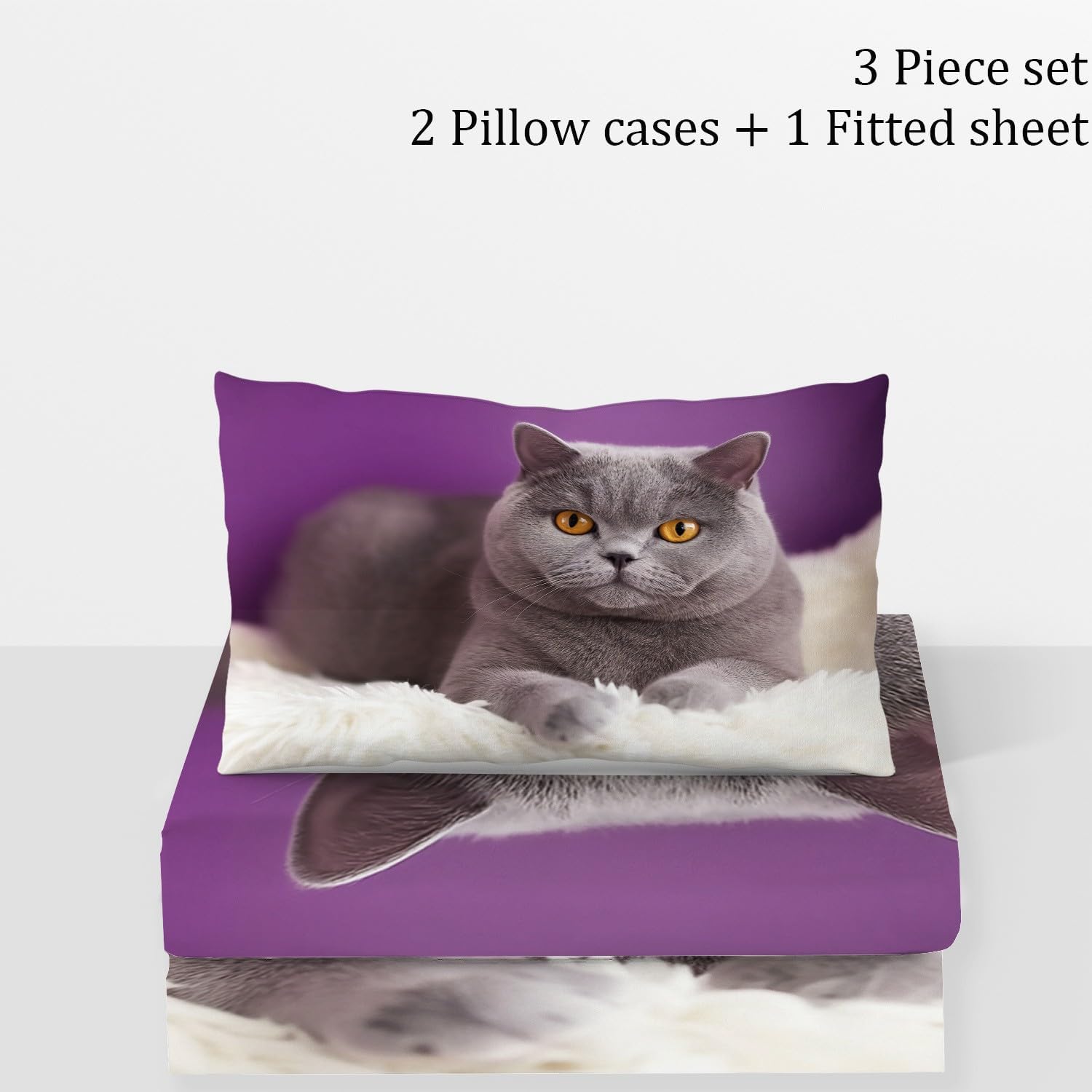 Spannbettlaken und Kissen mit blau grauer katze