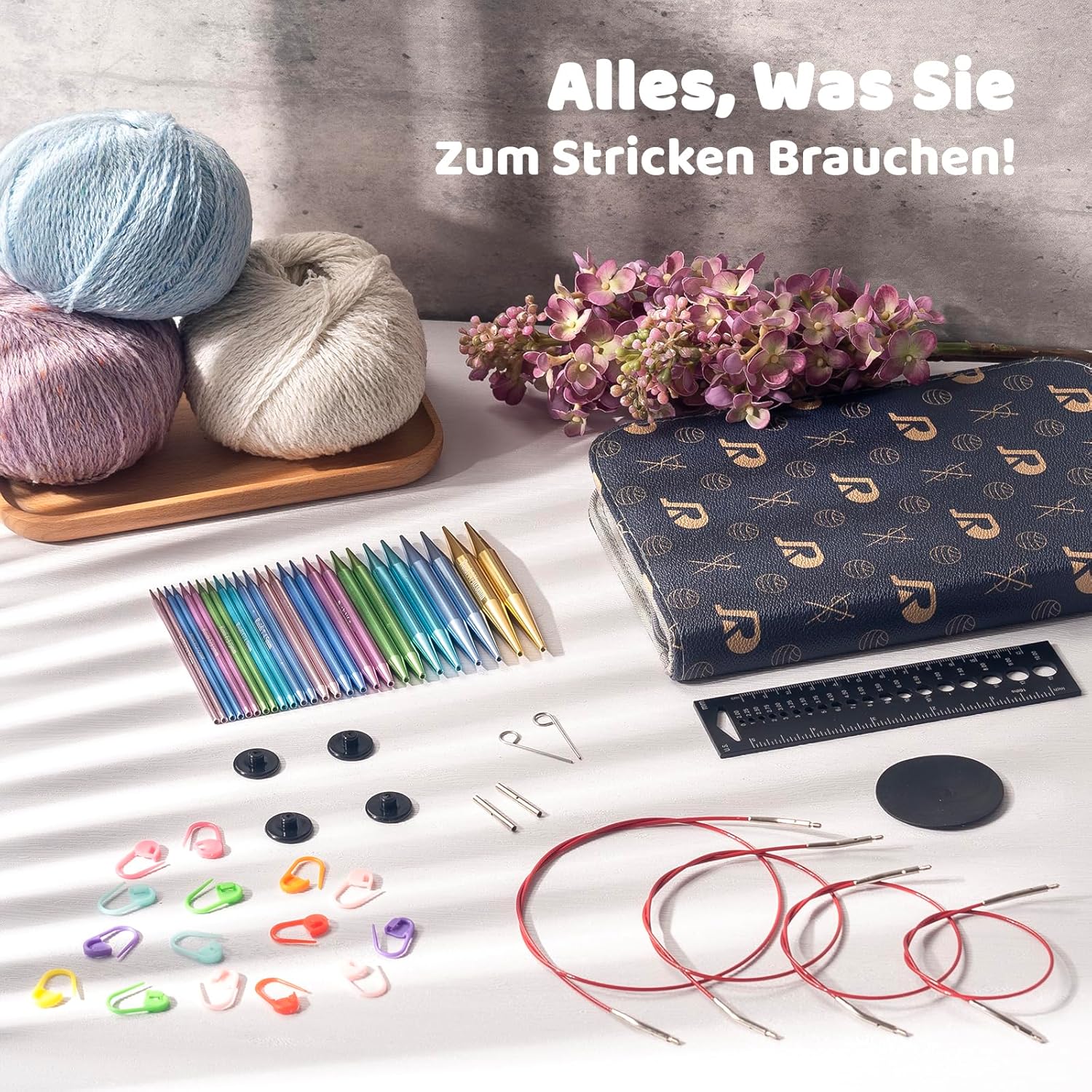 Stricknadelset mit Ledertasche Metall