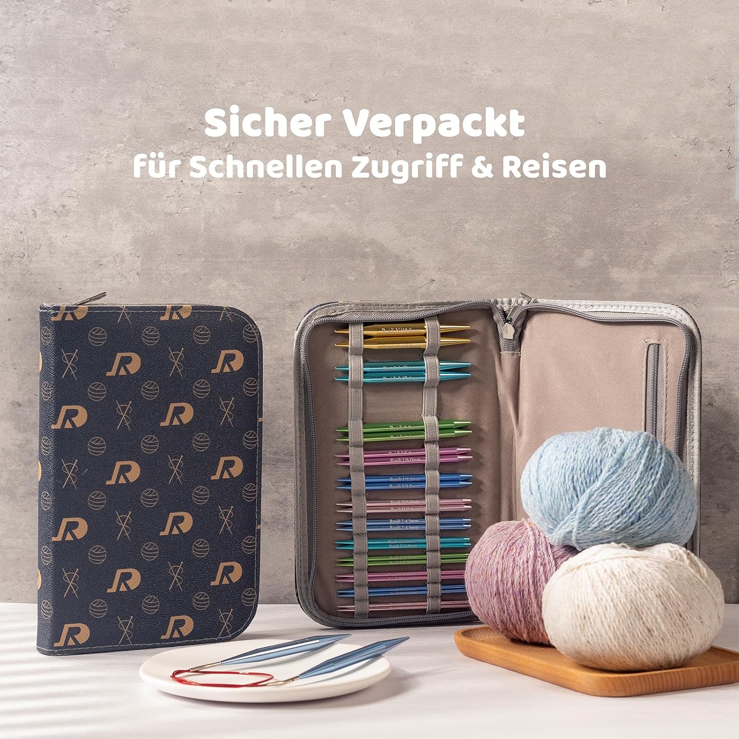 Rundstricknadelset mit Ledertasche Metall