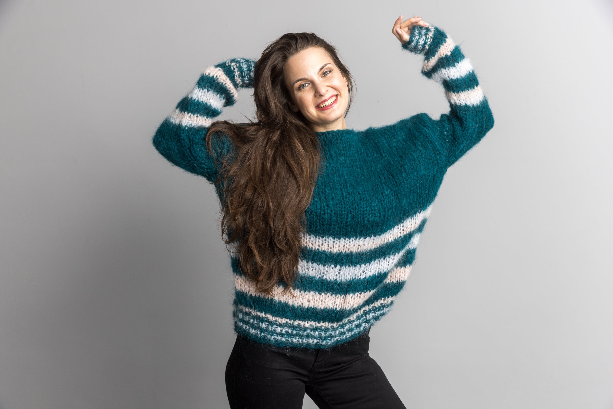 Knit Kit: Mohair Strick - Pullover John Waldgrün gestreift - Beemohr