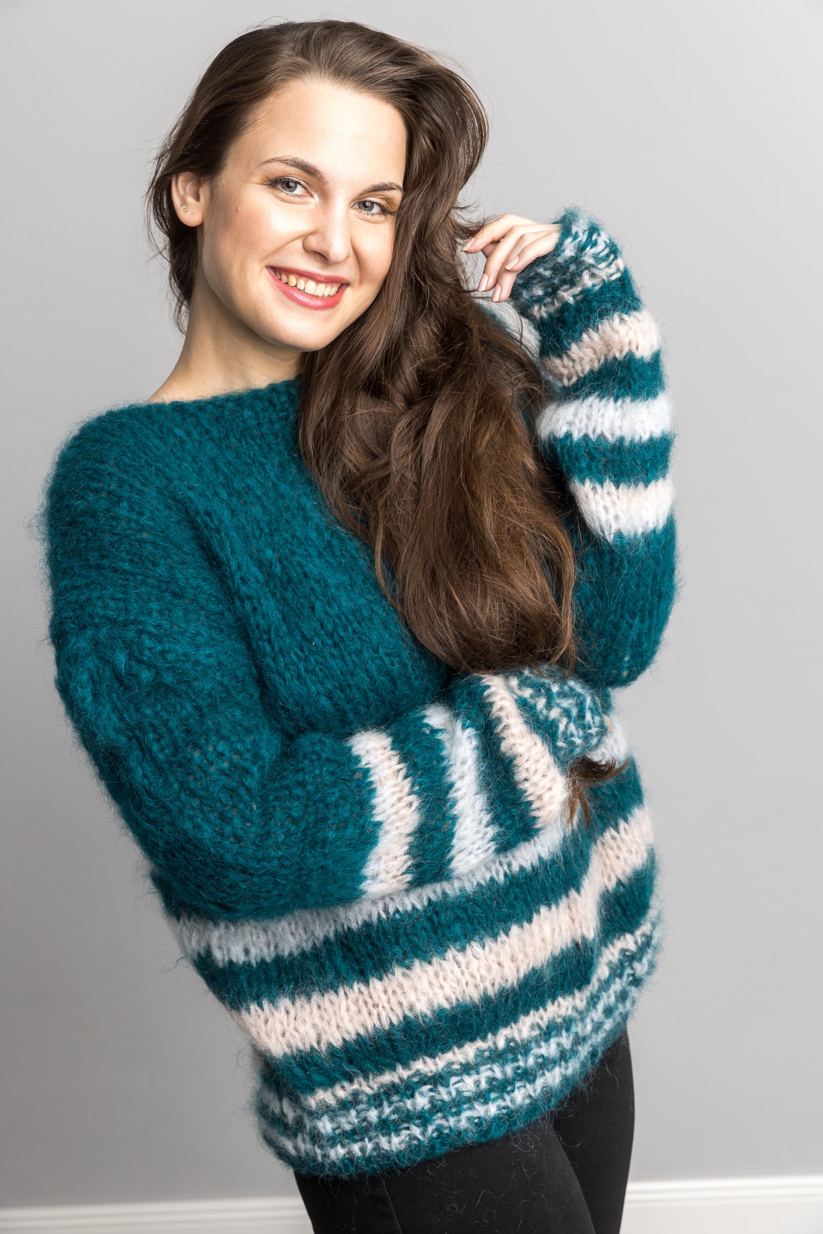 Knit Kit: Mohair Strick - Pullover John Waldgrün gestreift - Beemohr