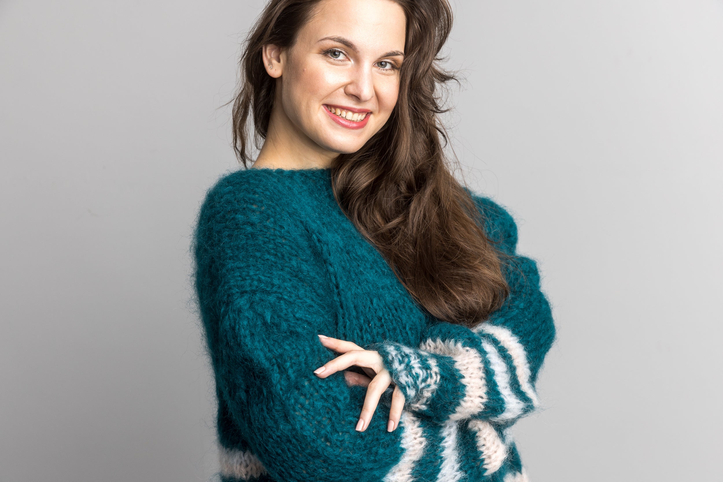 Knit Kit: Mohair Strick - Pullover John Waldgrün gestreift - Beemohr