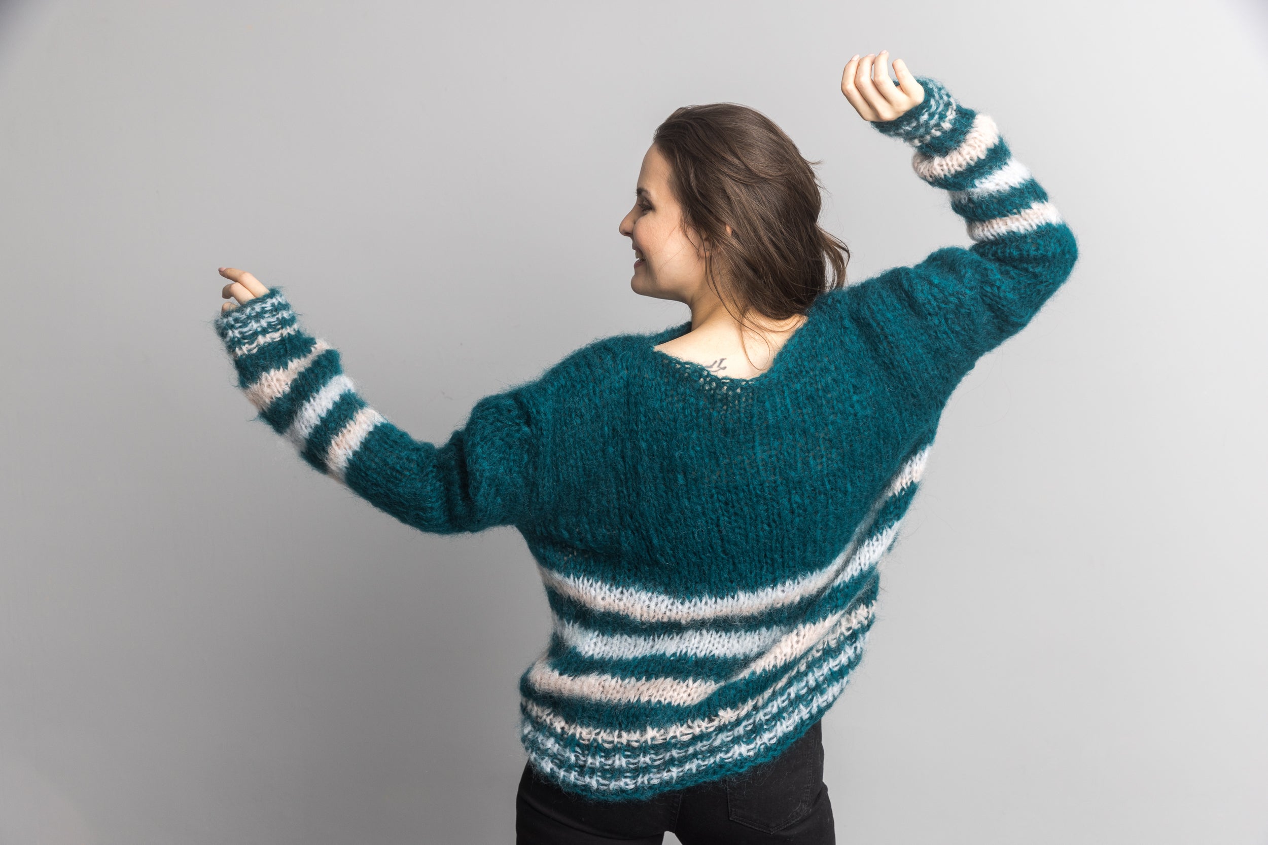 Knit Kit: Mohair Strick - Pullover John Waldgrün gestreift - Beemohr
