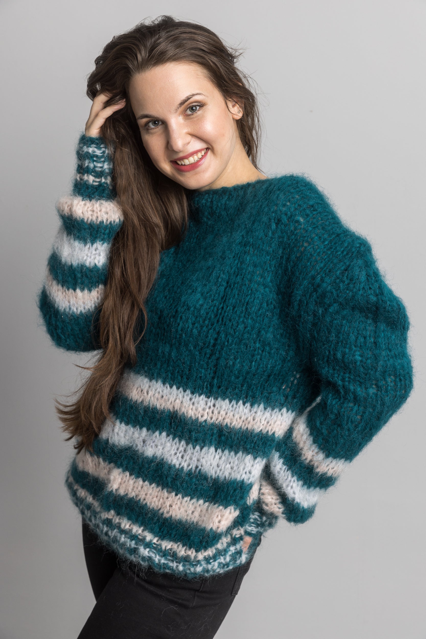 Knit Kit: Mohair Strick - Pullover John Waldgrün gestreift - Beemohr