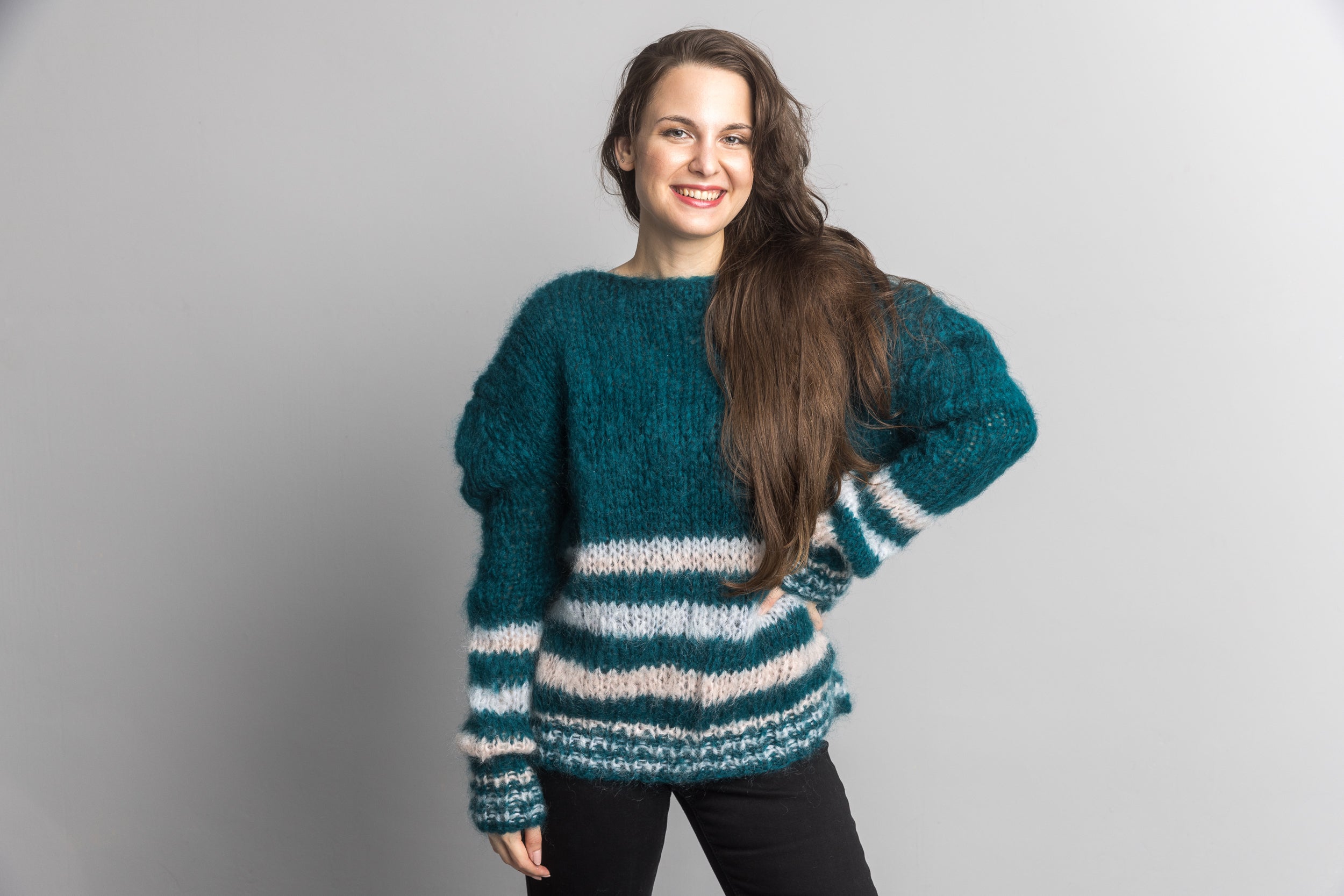 Knit Kit: Mohair Strick - Pullover John Waldgrün gestreift - Beemohr