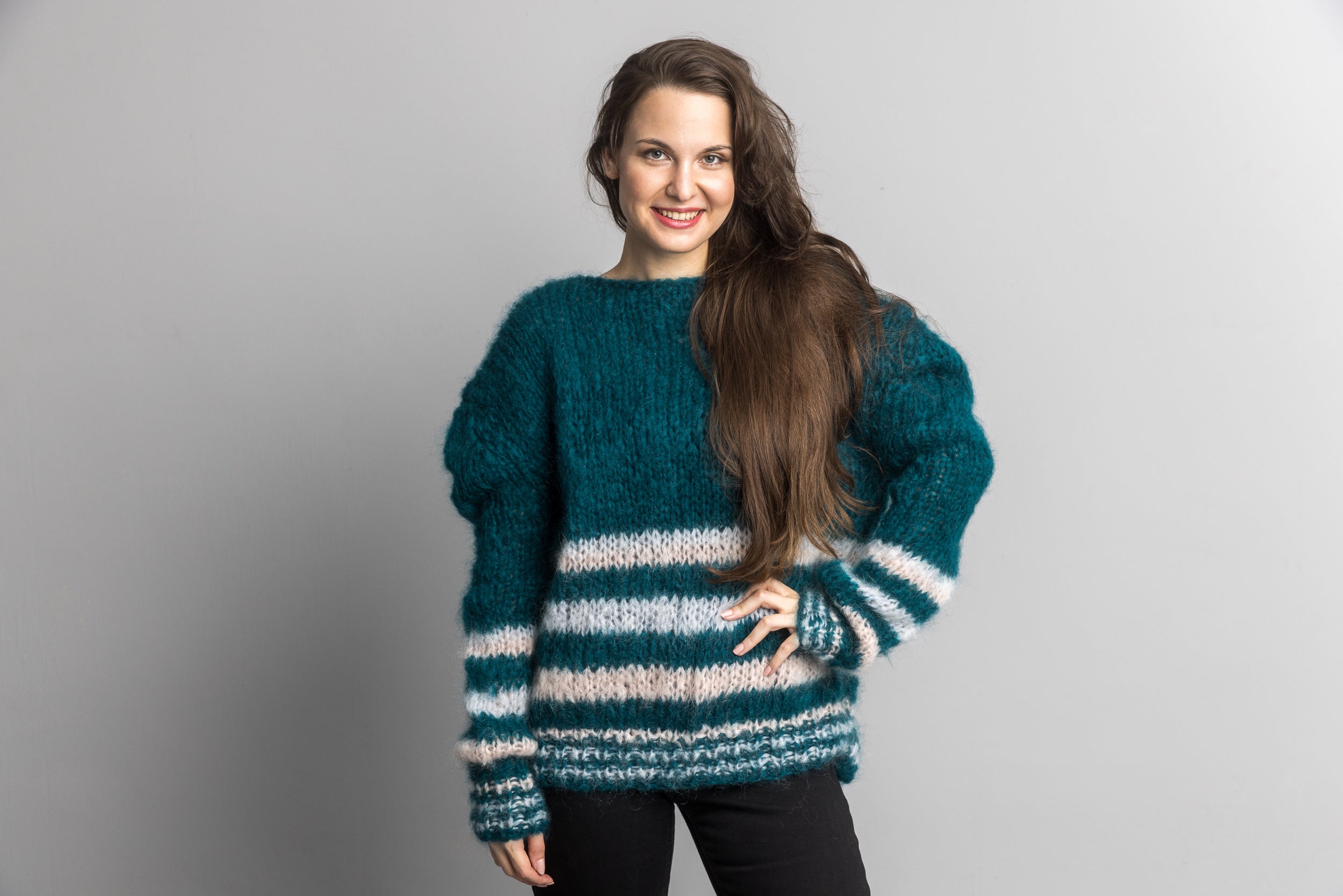 Knit Kit: Mohair Strick - Pullover John Waldgrün gestreift - Beemohr