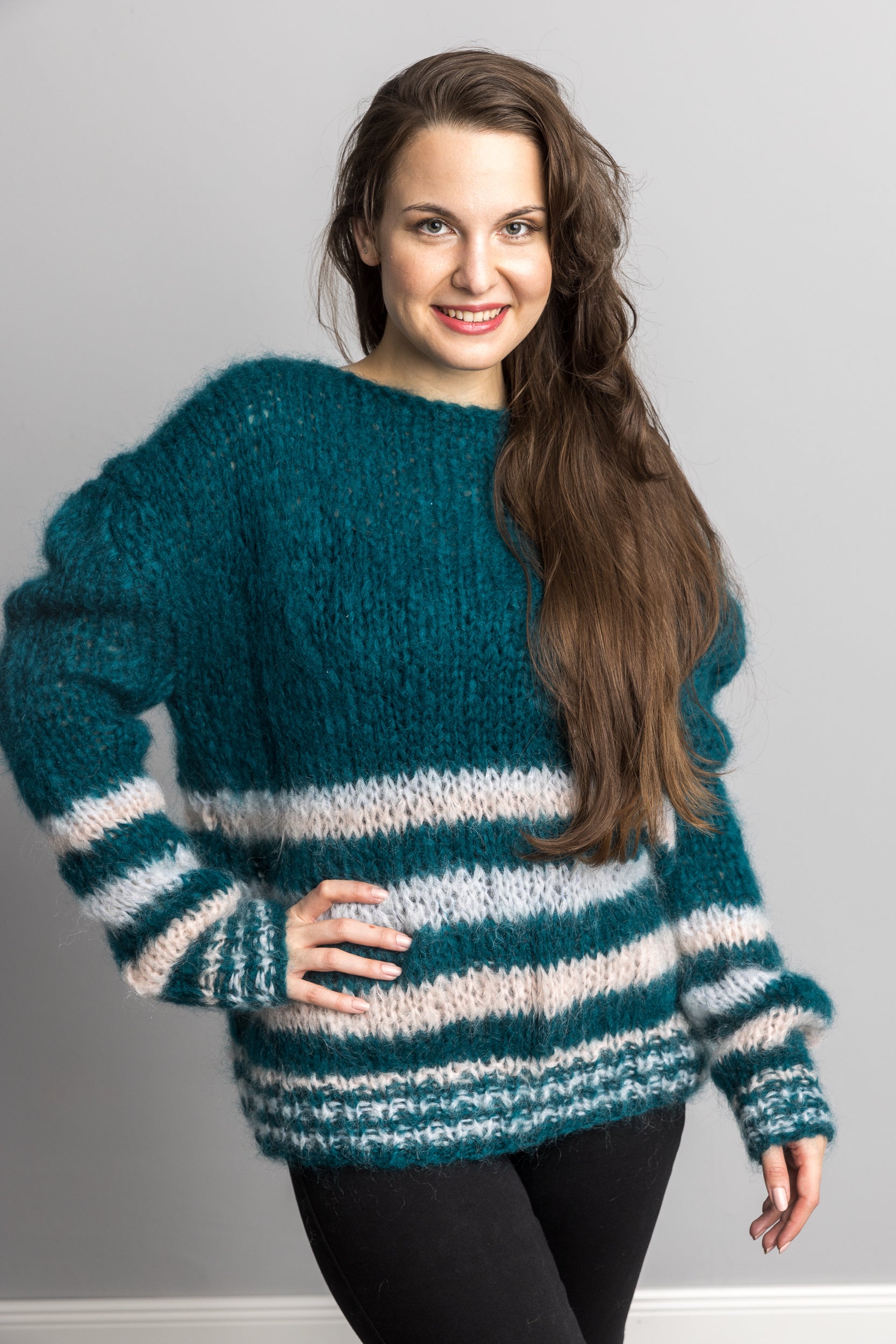 Knit Kit: Mohair Strick - Pullover John Waldgrün gestreift - Beemohr