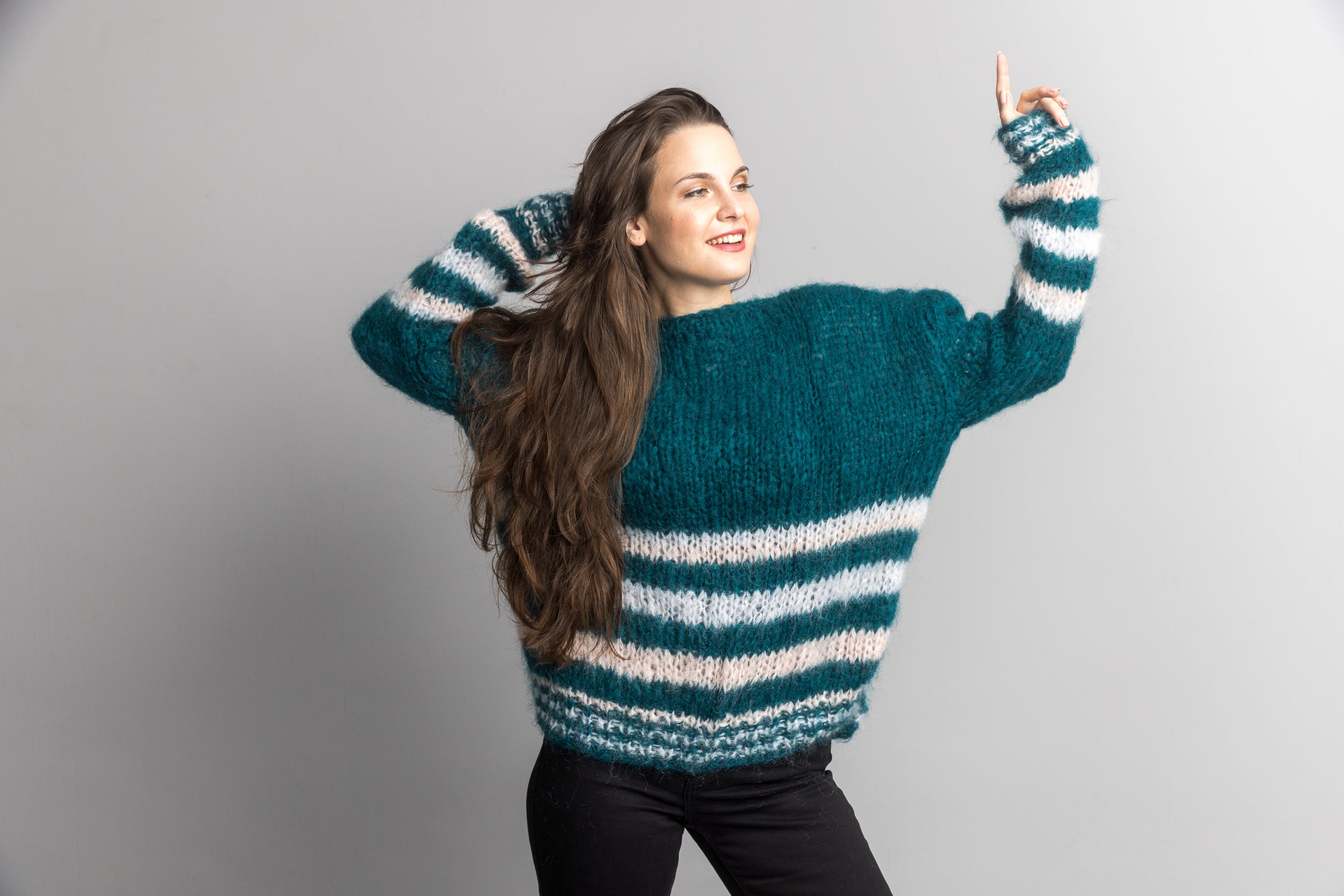 Knit Kit: Mohair Strick - Pullover John Waldgrün gestreift - Beemohr