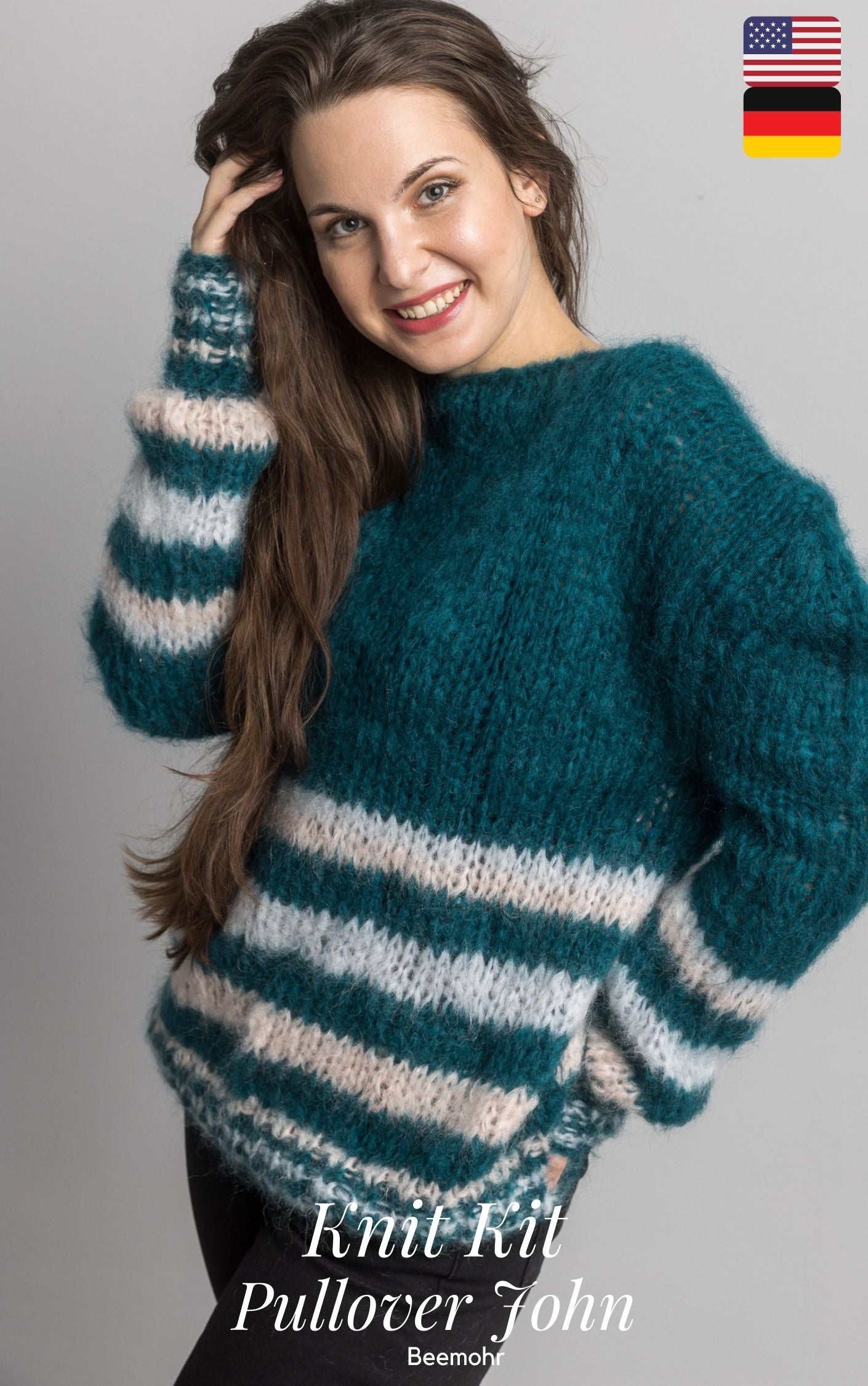 Knit Kit: Mohair Strick - Pullover John Waldgrün gestreift - Beemohr