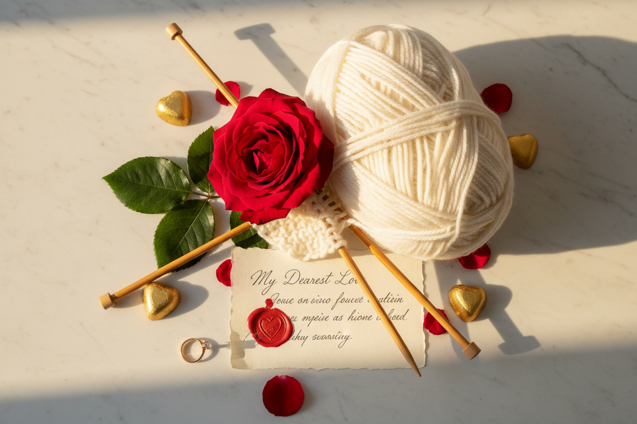 Valentinstag Flatlay mit roter Rose, Kaschmirgarn und Liebesbrief – Geschenkideen für Strickliebhaberinnen von Beemohr
