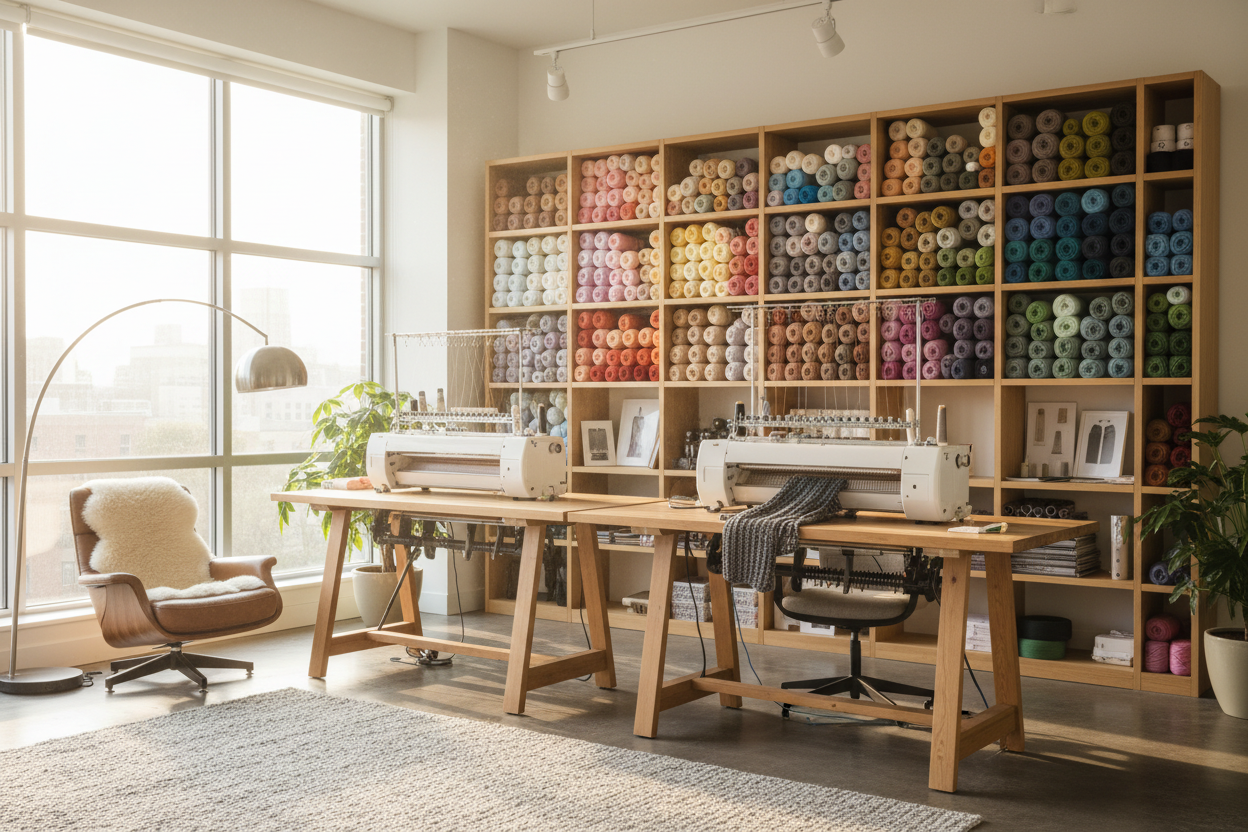 Strickatelier und Wohnbereich von Beemohr – Wolle, Strickmaschine und Arbeitsplatz