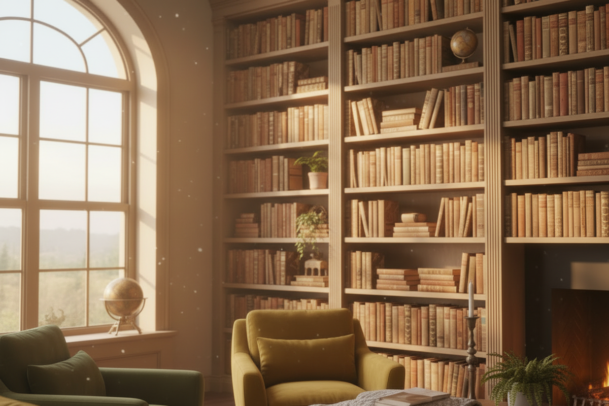 Gemütliche Bibliothek mit Bücherregal und Sessel