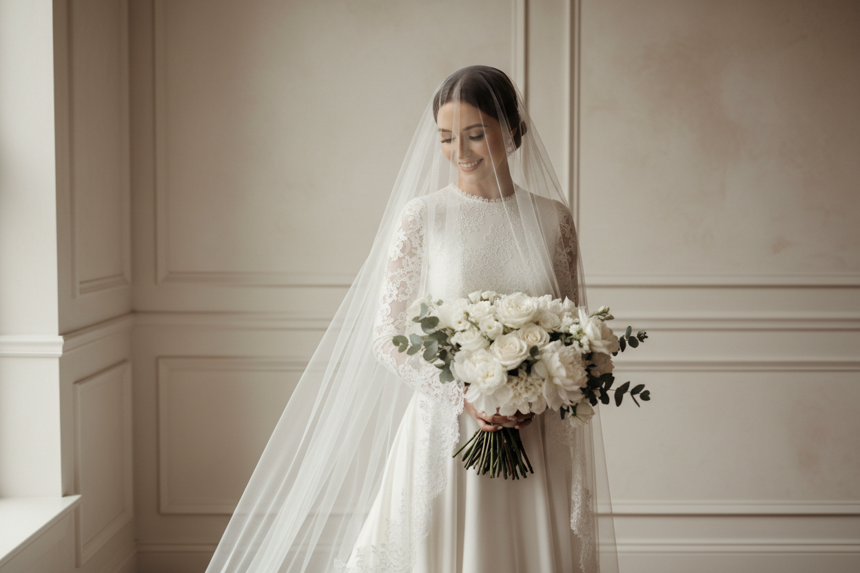 Braut mit Brautkleid und Brautstrauß