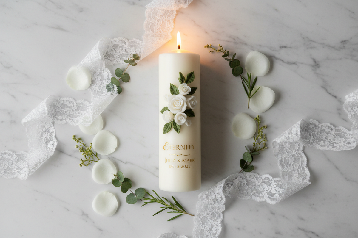 Hochzeitskerze mit Blumen und Inschrift