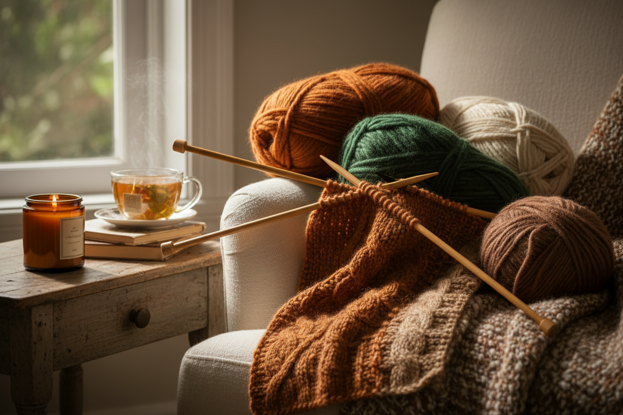 Gemütliches Stricken Sitzecke mit Sessel