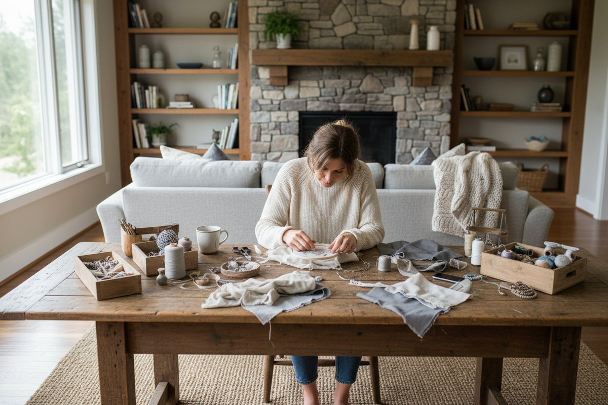 Basteln und kreativ sein zu Hause im Wohnzimmer