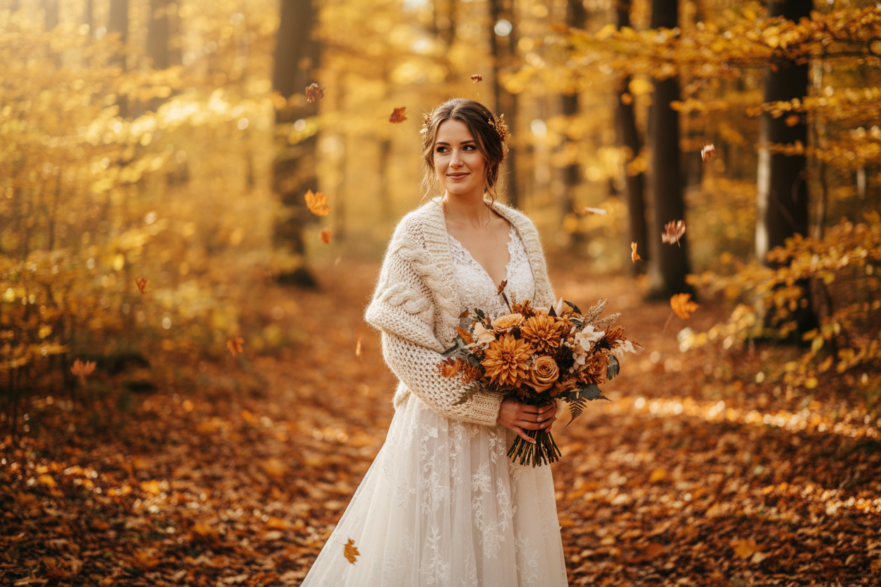 Braut im Ivory-Bolero im goldenen Herbstwald – handgestrickte Brautpullover für Herbsthochzeiten von Beemohr
